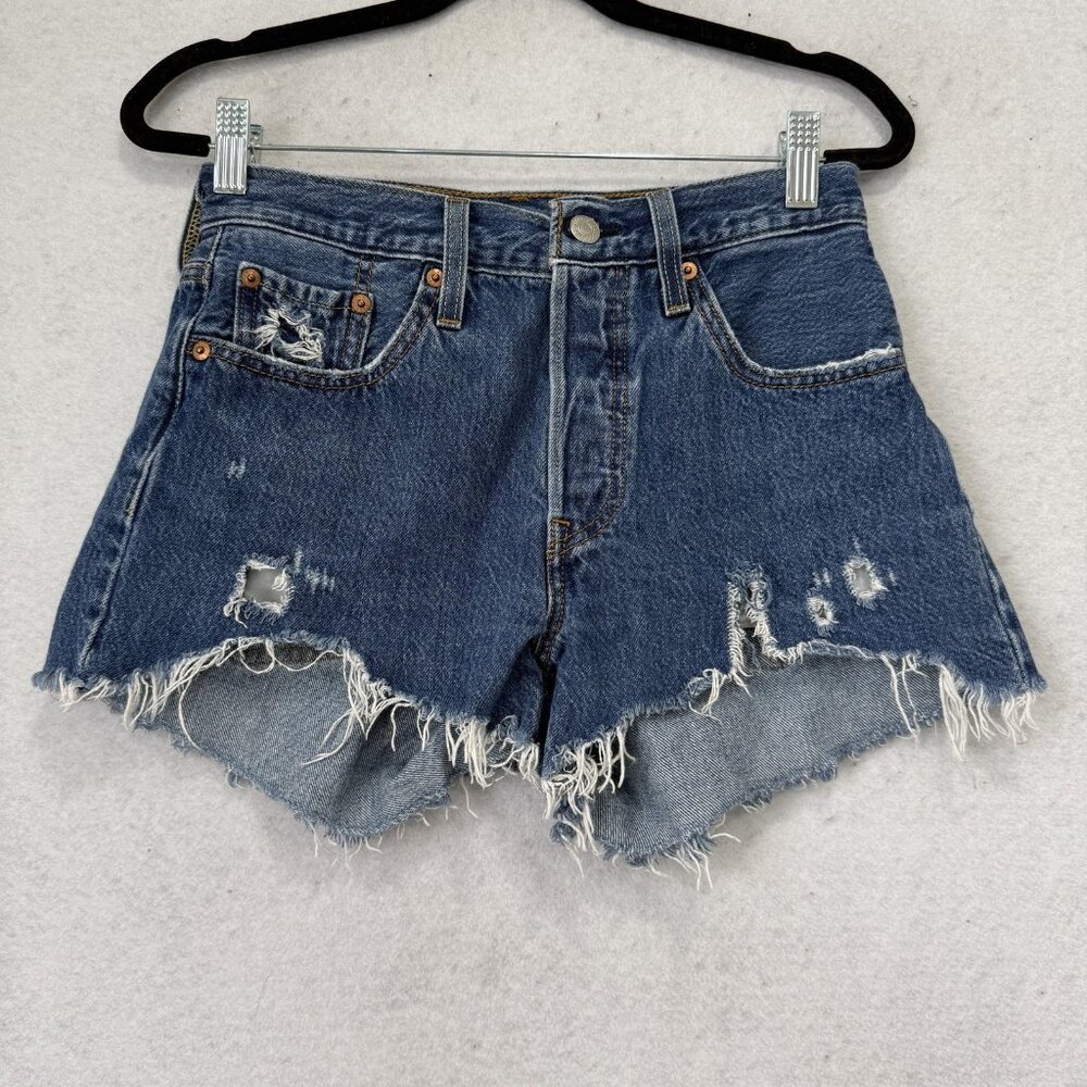 Levis Cut-Off Denim Shorts Womens W25 Blue Ripped High Rise Button Fly Raw Hem - Picture 1 of 11
